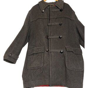 Loden Frey Wool Coat Western Germany Size 50 Gray Red Lining Toggle Closure Flaw